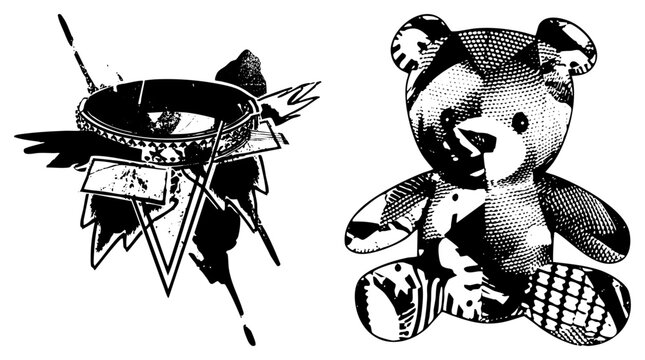 Distorted patchwork teddy bear, also known as a soft toy or plushie, sits beside a chaotic ink splatter. This punk rock ragdoll features intense halftone textures and jagged shapes.