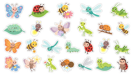 Obraz premium Cute Flat Cartoon Insect and Bug Sticker Set Vector for Kids Nature and Education