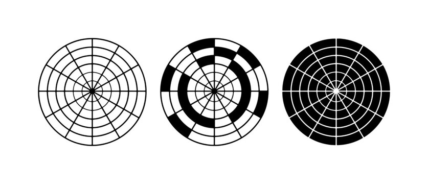 Optical encoder disk vector set, three black and white rotary sensor patterns, digital technology graphics