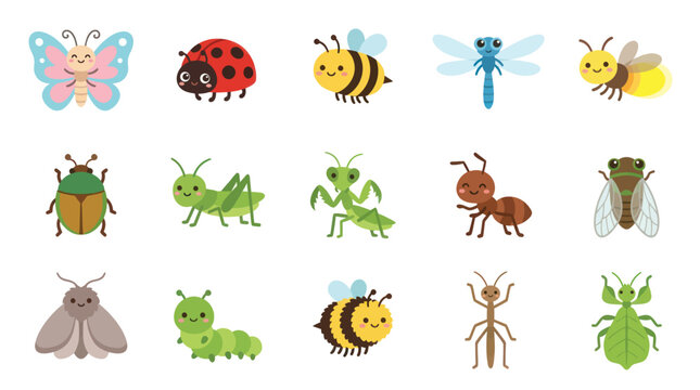 Cute Cartoon Insects Collection, Vector Flat Style, Children's Illustration
