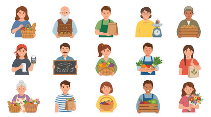 Fototapeta premium Flat Vector Collection of Diverse People in Food Agriculture: Farmers, Vendors, Shoppers with Produce