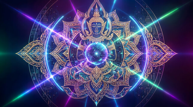 Futuristic Thai deity with glowing energy orb