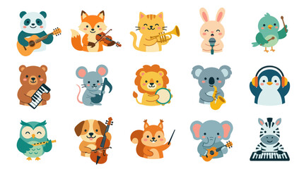 Fototapeta premium Cute Cartoon Animals Playing Musical Instruments Flat Vector Illustration Set for Kids Music Education