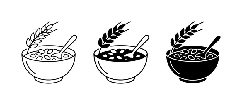 Cereal Bowls with Wheat Stalks, Breakfast Icons, Healthy Food Graphics