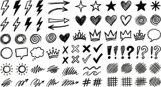 Hand drawn doodle elements mega set with lightning arrows hearts stars crowns spirals speech bubbles exclamation marks and hatches vector illustration