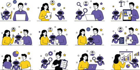 Fototapeta premium Artificial Intelligence Business Icon Set with Human and AI Robot Collaboration for Automation Workflow Data Analysis and Recruitment Designs