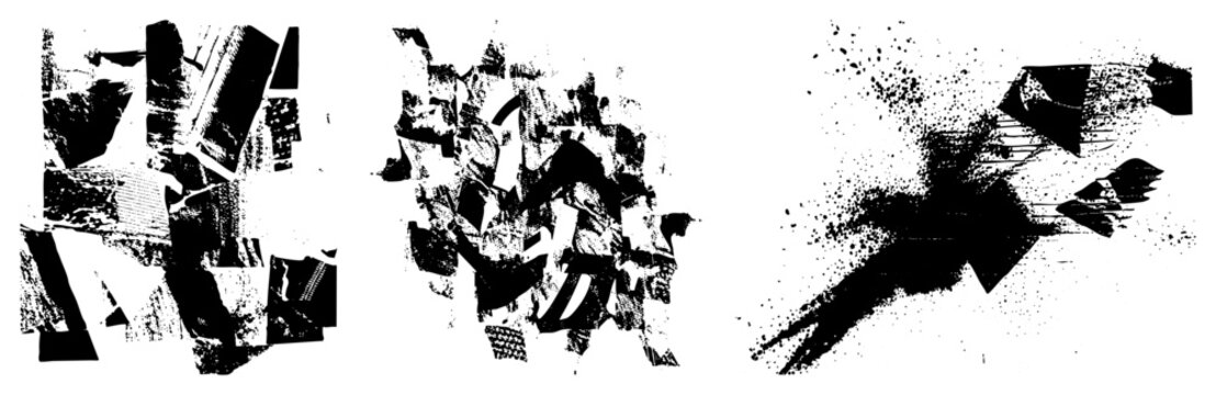 Edgy textured collage featuring distressed splatters and rough ink blots. These messy ink scrawls and gritty stencil elements create a chaotic visual rhythm of dark shapes.