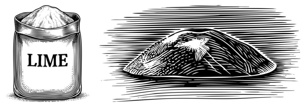Detailed woodcut illustration featuring a heavy sack of lime and a large pile of calcium hydroxide. This caustic mineral, often called slaked lime or white powder, shows intricate hatching.
