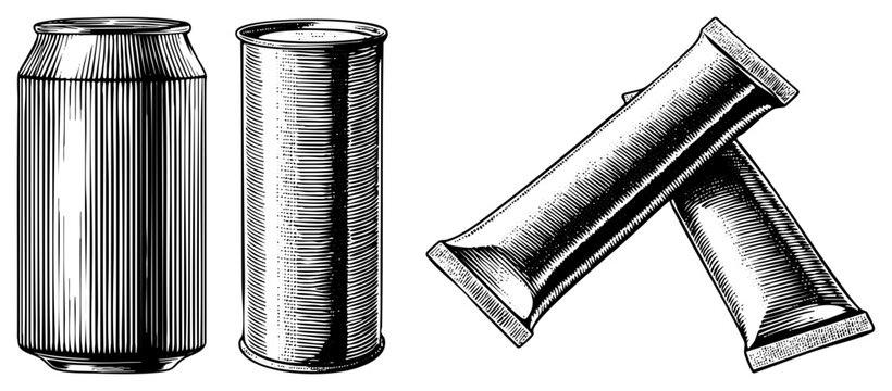 Collection of etched tinny, soda tins, and aluminum cans featuring detailed work. These metal canisters and pop cans showcase classic woodcut textures and hatching.