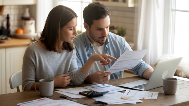 Couple reviewing household bills and financial documents at home. Budget planning, personal finance, money management, financial stress and family budgeting concept.