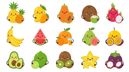 Obraz premium Cute Cartoon Tropical Fruit Characters Collection in Flat Style - Healthy Food Kids' Education Vector Illustration