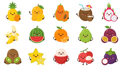Obraz premium Cute Flat Cartoon Tropical Fruits Characters Vector Illustration Set - Food Healthy Eating Kawaii Design