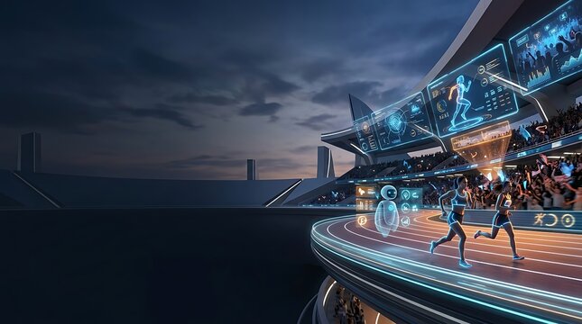 Athletes racing in a high tech futuristic stadium with digital data