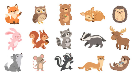 Fototapeta premium Cute Cartoon Forest Animals Collection - Flat Vector Illustration