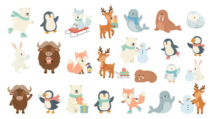 Fototapeta premium Cute Winter Animals in Flat Style Vector Illustration - Arctic Wildlife Cartoon