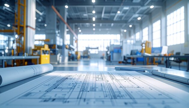 Blueprint on a table in a bright industrial factory.