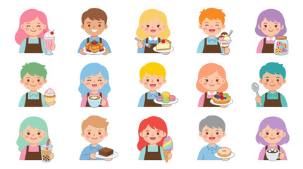 Obraz premium Cute cartoon bakers holding sweet desserts and drinks, flat design