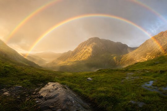 Double rainbow over mountain landscape with green grass.