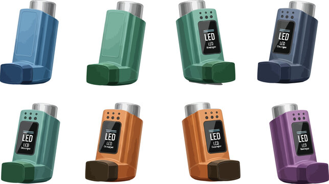 Collection of modern asthma inhalers in various colors digital display showing LED concept for respiratory health and medication isolated on white background