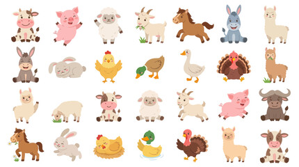 Obraz premium Cute Farm Animals Vector Set - Flat Style, Children Illustration