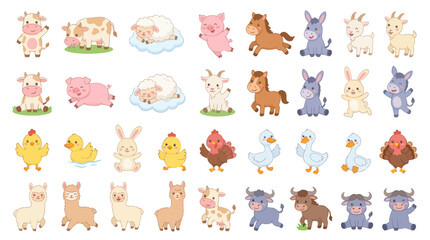 Obraz premium Cute Cartoon Farm Animals Vector Illustration Set for Kids. Adorable Agriculture Livestock Collection, Baby Animal Characters.