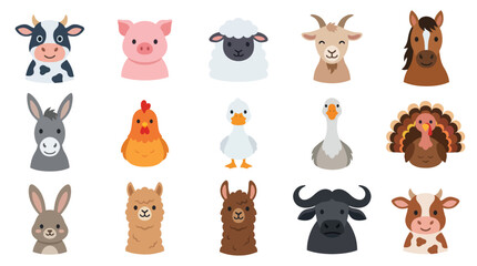 Naklejka premium Cute Flat Cartoon Farm Animals Vector Icon Set for Agriculture, Pet, and Rural Life Designs