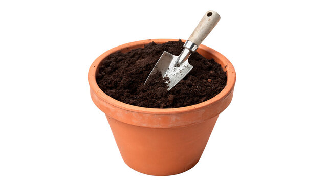 Classic empty orange terracotta clay flower pot with a small metal shovel on transparent background