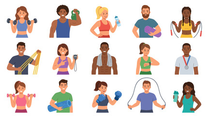 Fototapeta premium Happy Diverse People Exercising Flat Vector Illustration Set. Fitness, Sport, Healthy Lifestyle Collection
