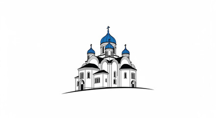 White church with blue domes towers. © tata