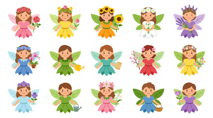 Obraz premium Cute Cartoon Garden and Flower Fairies Set. Flat Vector Illustration of Little Elves with Nature Elements.
