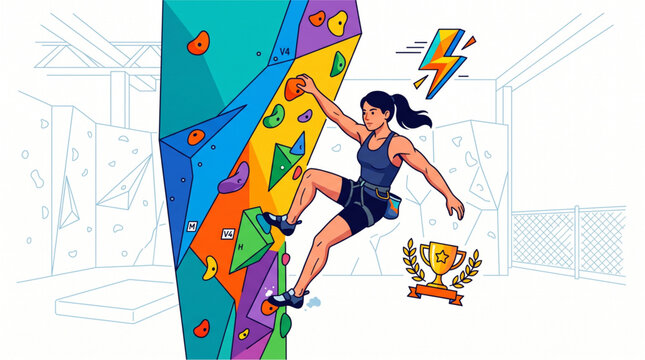 Illustration of a determined woman successfully scaling a vibrant indoor rock climbing wall, embodying strength, perseverance, and the spirit of athletic achievement