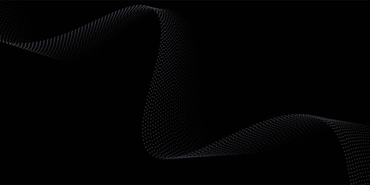 Neon sound wave on black background. Abstract flowing wavy dot lines design for ai concept, eq equalizer, audio record, voice assistant. Vector blue green purple gradient dashed curve stripe wallpaper