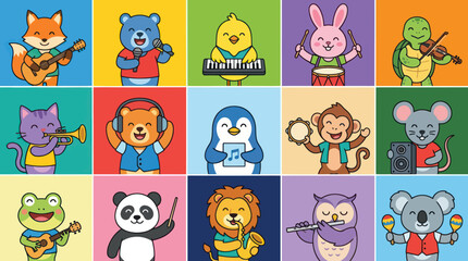 Obraz premium Cute Animals Playing Musical Instruments, Flat Design, Vector Art