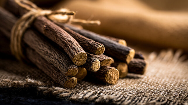 longitudinal. Bundle of dried licorice roots on burlap fabric, textural detail. gardening catalogs, home-decor guides, designed for gardening and botanical catalogs, used by art directors.
