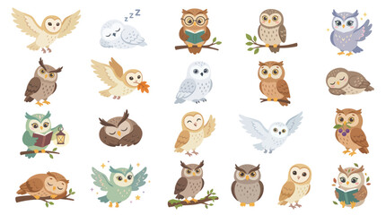 Obraz premium Cute Cartoon Owls Collection, Flat Vector Art Style for Children's Illustrations