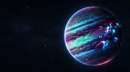 Fototapeta premium Colorful gas giant planet with glowing lightning in cosmic space