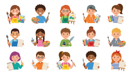Fototapeta premium Diverse Young Artists with Art Supplies Flat Vector Avatars. Creative Kids Engaged in Art Education.