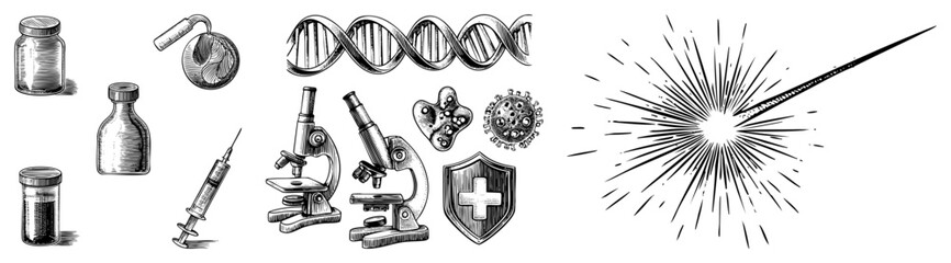 Obraz premium Hand drawn vintage laboratory gear featuring a microscope, DNA helix, and vials. These medical doodles, including a syringe and petri dish, capture classic apothecary tools