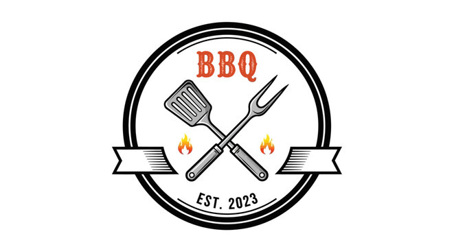 BBQ grill logo with utensils crossed.