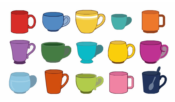 Colorful Coffee Mug Collection Vector Set with Bright Ceramic Cups Isolated on White Background
