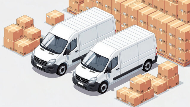 Two Delivery Vans Parked Among Stacked Cardboard Boxes.