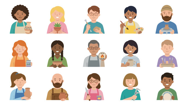 Flat Design Creative Crafts  Hobbies People Avatars. Artisans, Potters, Gardeners  Makers Illustration Set.