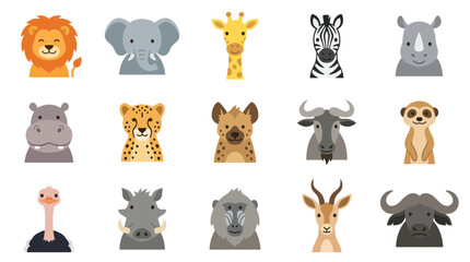 Obraz premium Flat Style African Safari Animals Vector Icons Set - Lion, Elephant, Giraffe, Zebra, Rhino