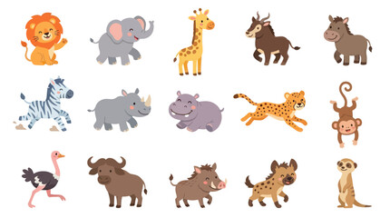 Fototapeta premium Cute Cartoon Flat Vector Illustration of African Safari Animals Set for Kids Education
