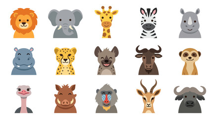 Obraz premium Flat Cartoon African Wildlife Animals Vector Icon Set - Safari Animal Heads Faces Collection for Kids