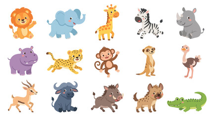 Fototapeta premium Cute African Safari Animals Flat Vector Illustration Set. Adorable Wildlife Cartoon Characters for Kids Design.