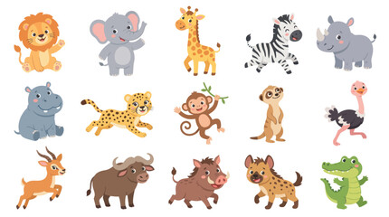 Fototapeta premium Cute Cartoon Safari Animals Collection - Flat Vector Illustration