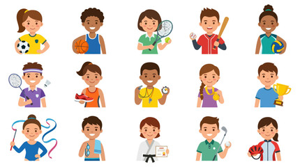 Fototapeta premium Children sports characters holding equipment, diverse athletes vector illustration, flat style