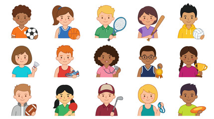 Fototapeta premium Diverse Kids in Sports Gear, Flat Vector Illustration, Healthy Lifestyle
