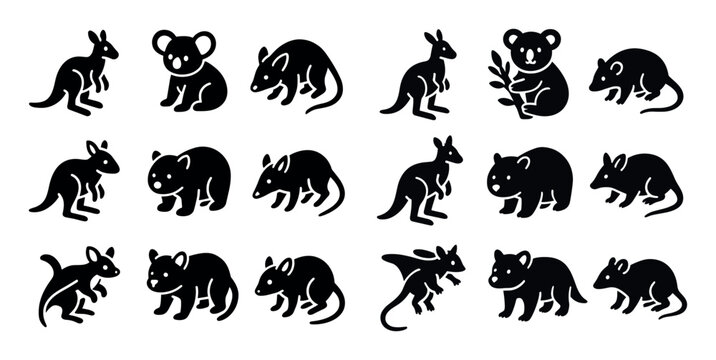 Marsupial icons with kangaroo koala wombat flat